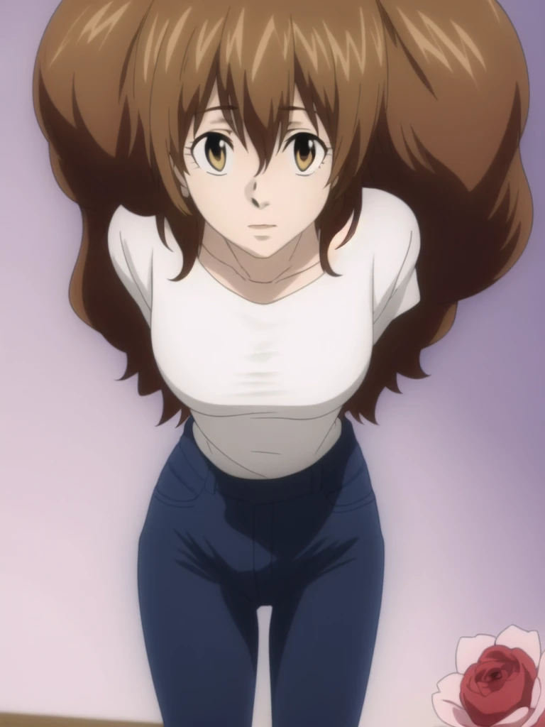 kyoko1, 1girl, short hair, brown hair, White t shirt, shortslevees, squared neck shirt, Flower pattern, blue jeans, master pease((masterpiece: 1.2)),ultra-detailed, ultra high res, high quality, 4K, solo, ((mature female, masterpiece, mistress, goddess)),