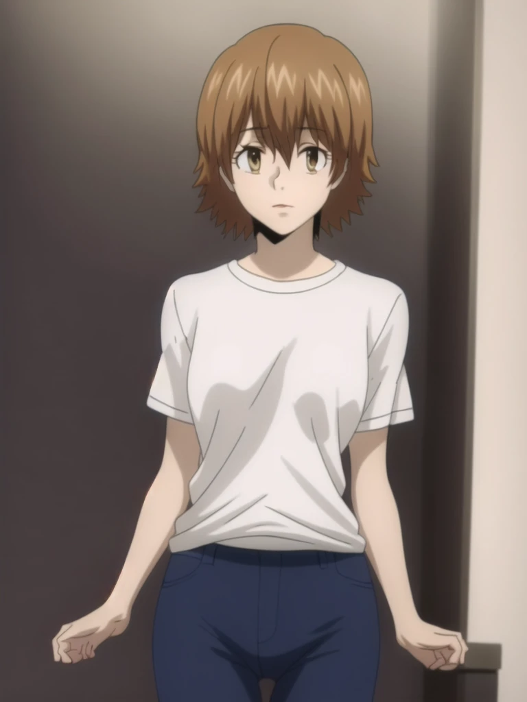 kyoko1, 1girl, short hair, brown hair, White t shirt, shortslevees, squared neck shirt, Flower pattern, blue jeans, master pease((masterpiece: 1.2)),ultra-detailed, ultra high res, high quality, 4K, solo, ((mature female, masterpiece, mistress, goddess)),