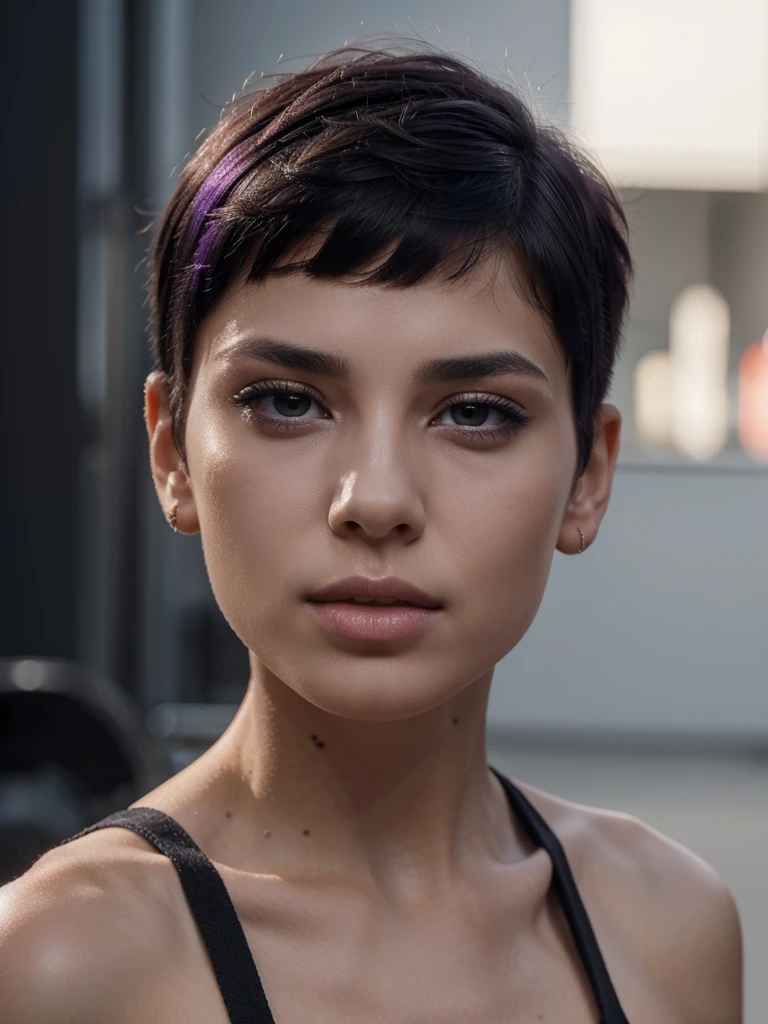 8k, RAW photo, best quality, ultra high resolution, photorealistic, slim girl with black purple short undercut haircut, blowing a kiss