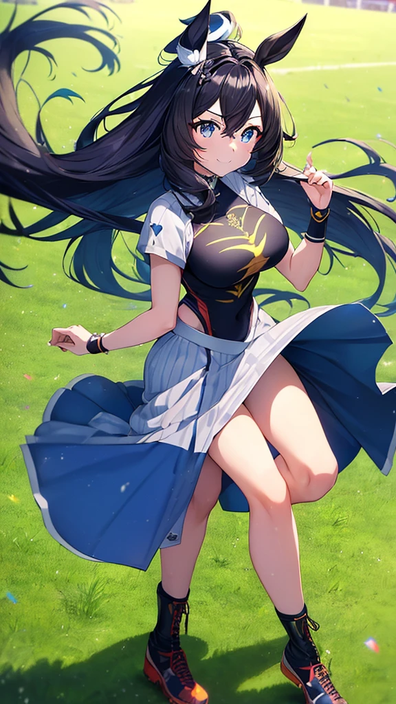 best quality, extremely detailed, anime style adult 1girl, long hair down to the waist, straight hair, ((dark black hair with bluish)),crown braid,beautiful detailed eyes, pinched eyes, dark blue eyes, huge breasts,curvy,((human ear)),(((princess motif jockey's racing uniform))),longskirt,((feather and colorful accessory)),((foppery shoes)),((((light smile)))),((((grassland)))),animation cap,animated gif,((in umamusume style))