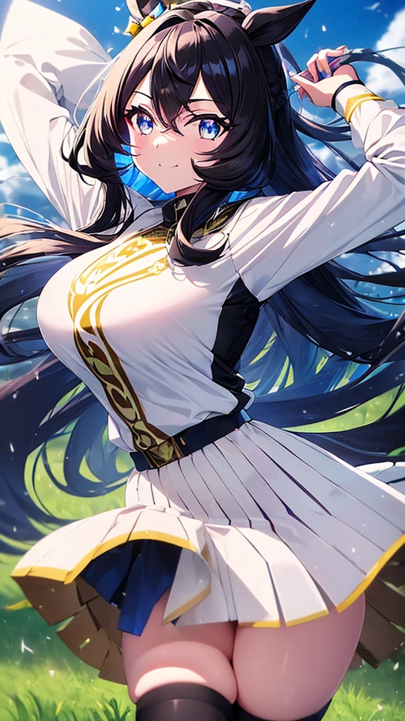best quality, extremely detailed, anime style adult 1girl, long hair down to the waist, straight hair, ((dark black hair with bluish)),crown braid,beautiful detailed eyes, pinched eyes, dark blue eyes, huge breasts,curvy,((human ear)),(((princess motif jockey's racing uniform))),longskirt,((feather and colorful accessory)),((foppery shoes)),((((light smile)))),((((grassland)))),animation cap,animated gif,((in umamusume style))
