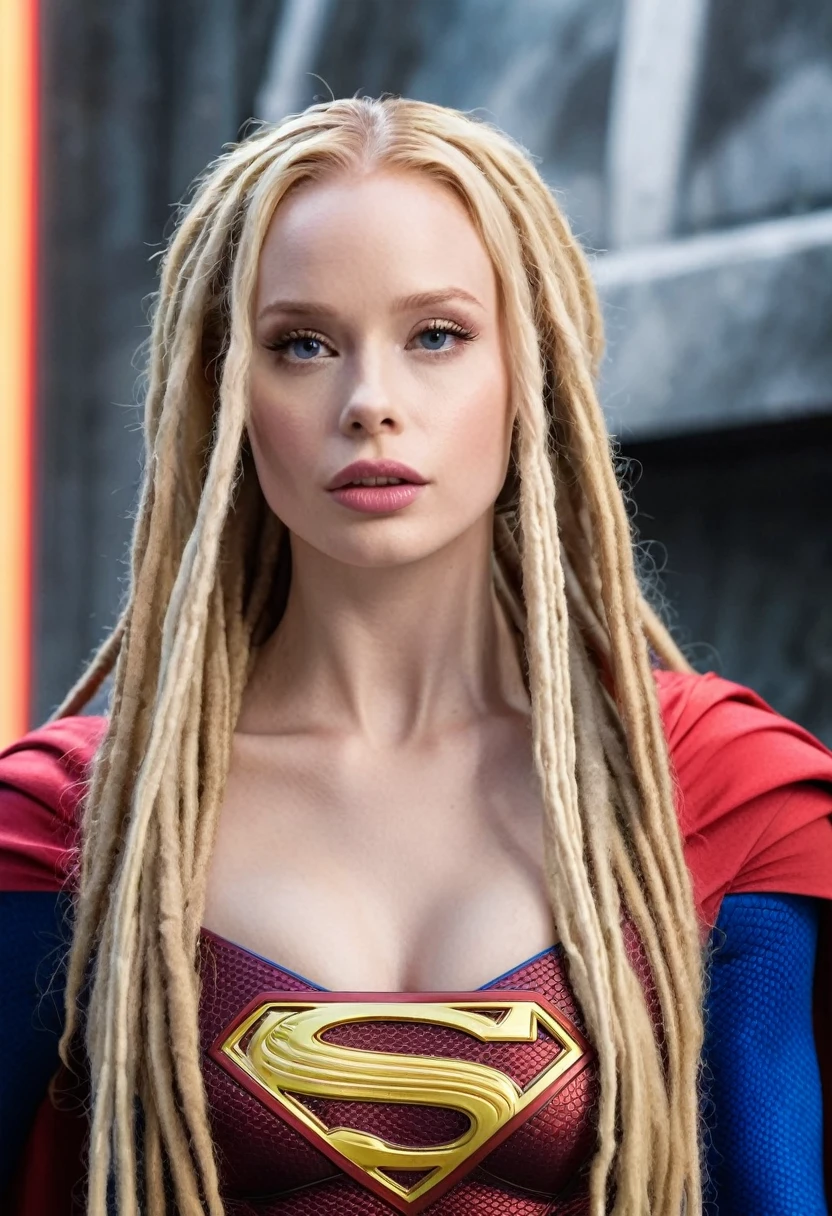(((Extreme close-up of a beautiful woman Madelaine Petsch long blonde hair(((dreadlocks )))under the mantle of the Kryptonian Kara zor-The alias Supergirl images Surreal cinematographic HD images Color Splash))),(((Front Images))),(((dreadlocks)))