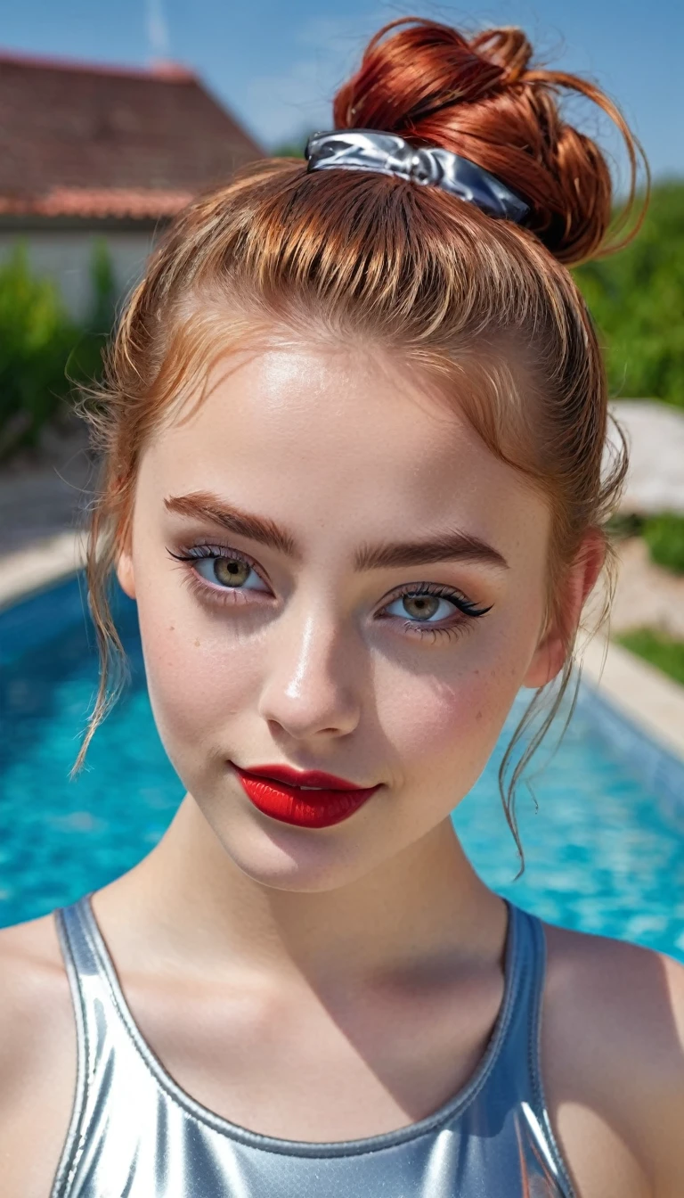 ultrarealistic high quality fullbody photo of a beautiful busty slim european teen girl with cute hyperdetailed shy face and natural redhead short messy bun and mischievous face, realistic round hazel eyes, red lips, dark eye makeup with eyeliner, wearing super-slim shiny metallic silver foil swimsuit, hourglass body, outdoor shooting on a pool