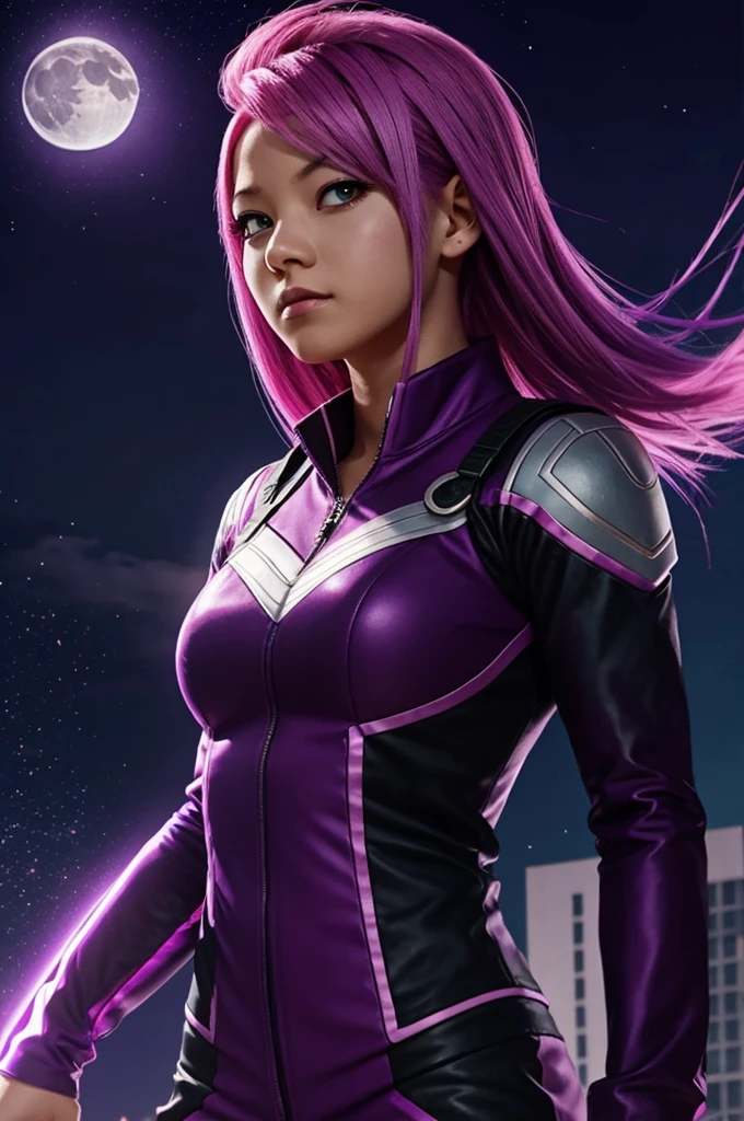 A girl with pink hair., with purple reflections, with a dark complexion in the style of my hero academia as a villain and a purple aura and the moon behind her with black eyes
