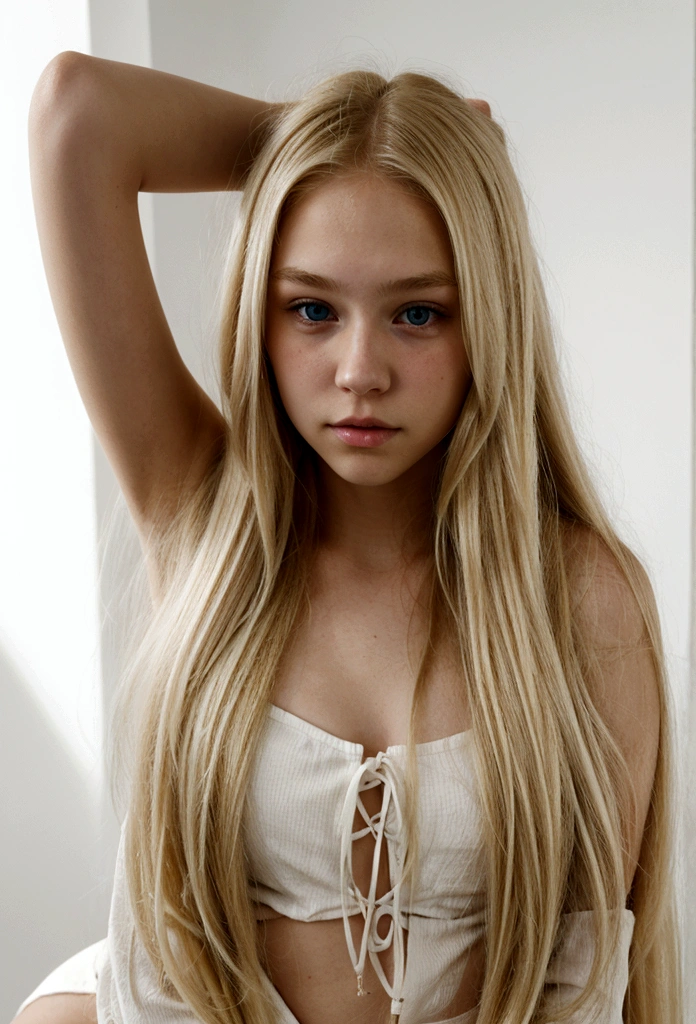 Blonde teenage girl with very long straight blonde hair, extremely white skin