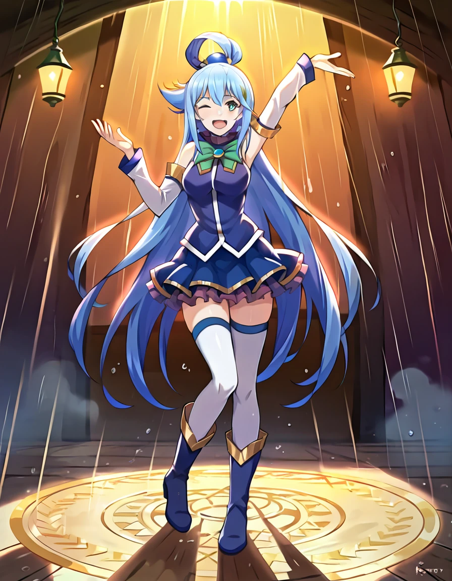 core_9, score_8_up, score_7_up, score_6_up, aqua, 1girl, dancing in the rain, detailed eyes, happy, full body shot, on the outskirts of Axel, /(konosuba/), long hair, blue eyes, hair ornament, very long hair, blue hair, hair rings, single hair ring, blue skirt, blue shirt, thighhighs, bare shoulders, detached sleeves, white thighhighs, green bow, blue boots