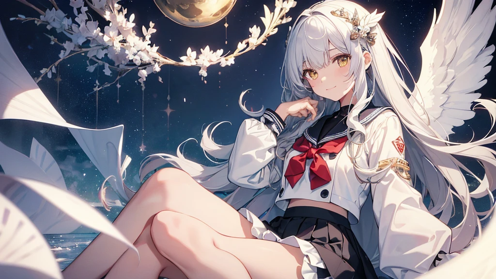 8k resolution, ((of the highest quality)), ((Masterpiece)), ((super detailed)), (very delicate and beautiful), with a girl, Alone, gentle expression, She is very(chill out)with(calm)Appearance,gray fur, Depth of written limits., bright smile, bright yellow eyes, bright white hair, beautiful background, Long Hair - Line Art, black skirt, White uniform like a sailor suit., angel, Angel's white wings, White feathers fluttering, Eyes that shine like amber, upper eye, wonderful eyes