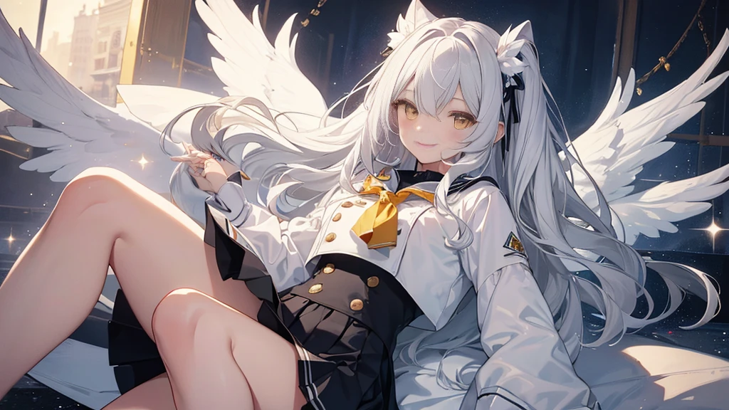 8k resolution, ((of the highest quality)), ((Masterpiece)), ((super detailed)), (very delicate and beautiful), with a girl, Alone, gentle expression, She is very(chill out)with(calm)Appearance,gray fur, Depth of written limits., bright smile, bright yellow eyes, bright white hair, beautiful background, Long Hair - Line Art, black skirt, White uniform like a sailor suit., angel, Angel's white wings, White feathers fluttering, Eyes that shine like amber, upper eye, wonderful eyes