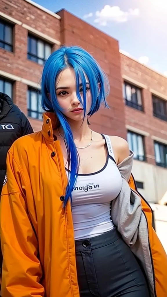 Cute girl with blue hair and orange jacket standing in front of a building, realistic