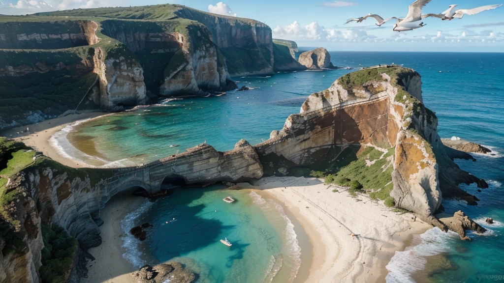 a beautiful beach with blue sea, nature, sunny day, clear sky, aerial view, (best quality,4k,8k,highres,masterpiece:1.2),ultra-detailed,(realistic,photorealistic,photo-realistic:1.37),landscape,vibrant colors,dramatic lighting,stunning scenery,golden sand,crashing waves,seagulls flying,lush greenery,rocky cliffs,serene atmosphere