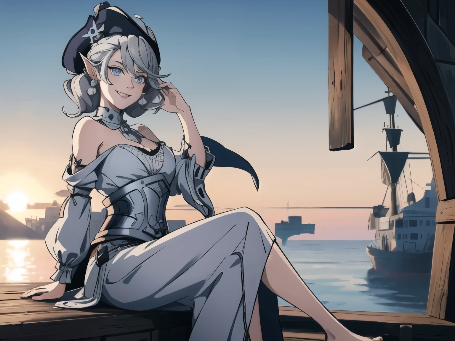 Beautiful arts wallpaper Sunset Outside castle top  High level image quality　best image quality　8K　 adult woman   on pirate ship with black seals    more colors   whole body view　portrait　  　    ears  　short hair（（shortcut）（gray hair）（perm）（fluffy））　eye color is blue ,  , 　attractive evil face , smile   ,  wering pirate dress, pirate hat    ,  labrynth   , sitting     , barefoot ,  
