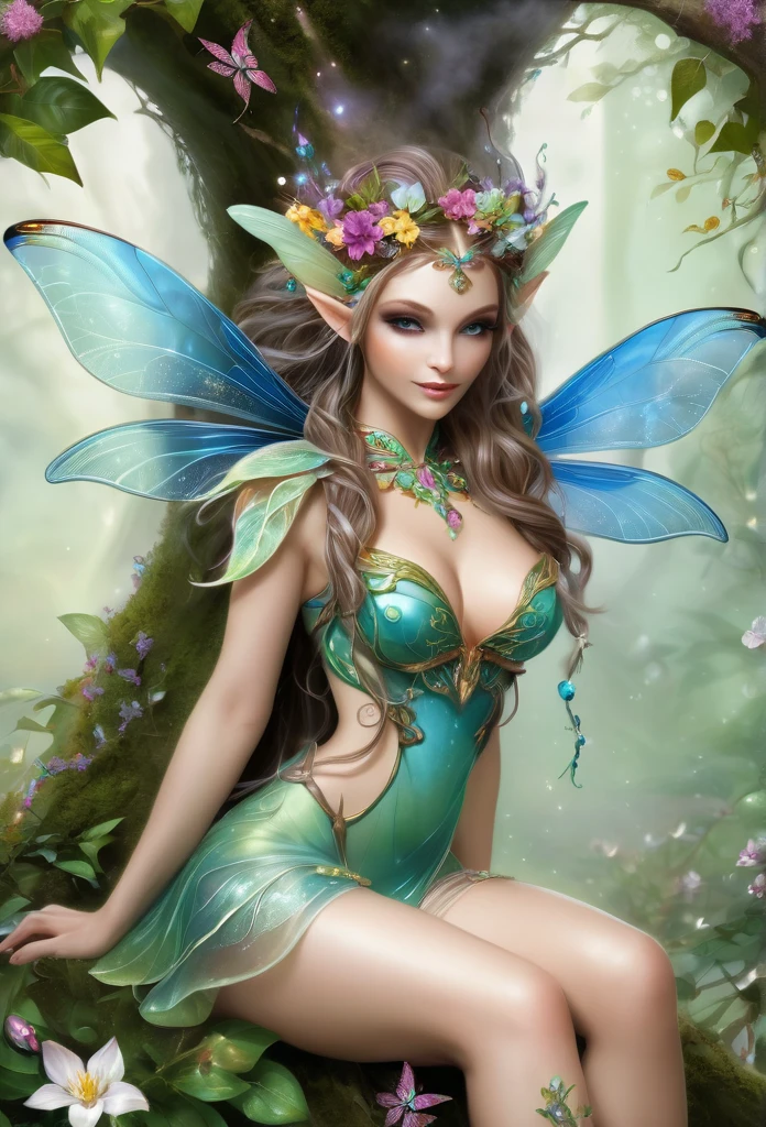 faerie,(fully body),elf ears,dragonfly wings, sensually sitting under a tree decorated with precious stones,hair decorated with flowers, Branches and Leaves,around a scene of magic,with flowers,a bit of mist(high qualiy),(refined details),(work of art)