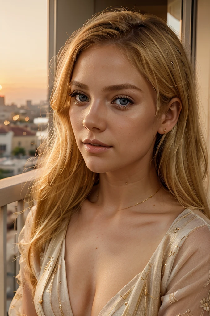 a beautiful blonde woman, sunset, beautiful golden blonde hair, detailed eyes, beautiful detailed lips, extremely detailed face, long eyelashes, beautiful detailed portrait, sunset behind a balcony, golden hour, photorealistic, highly detailed, cinematic lighting, warm color tones, glowing skin, soft focus, dreamy atmosphere, elegant, serene, tranquil, vibrant colors