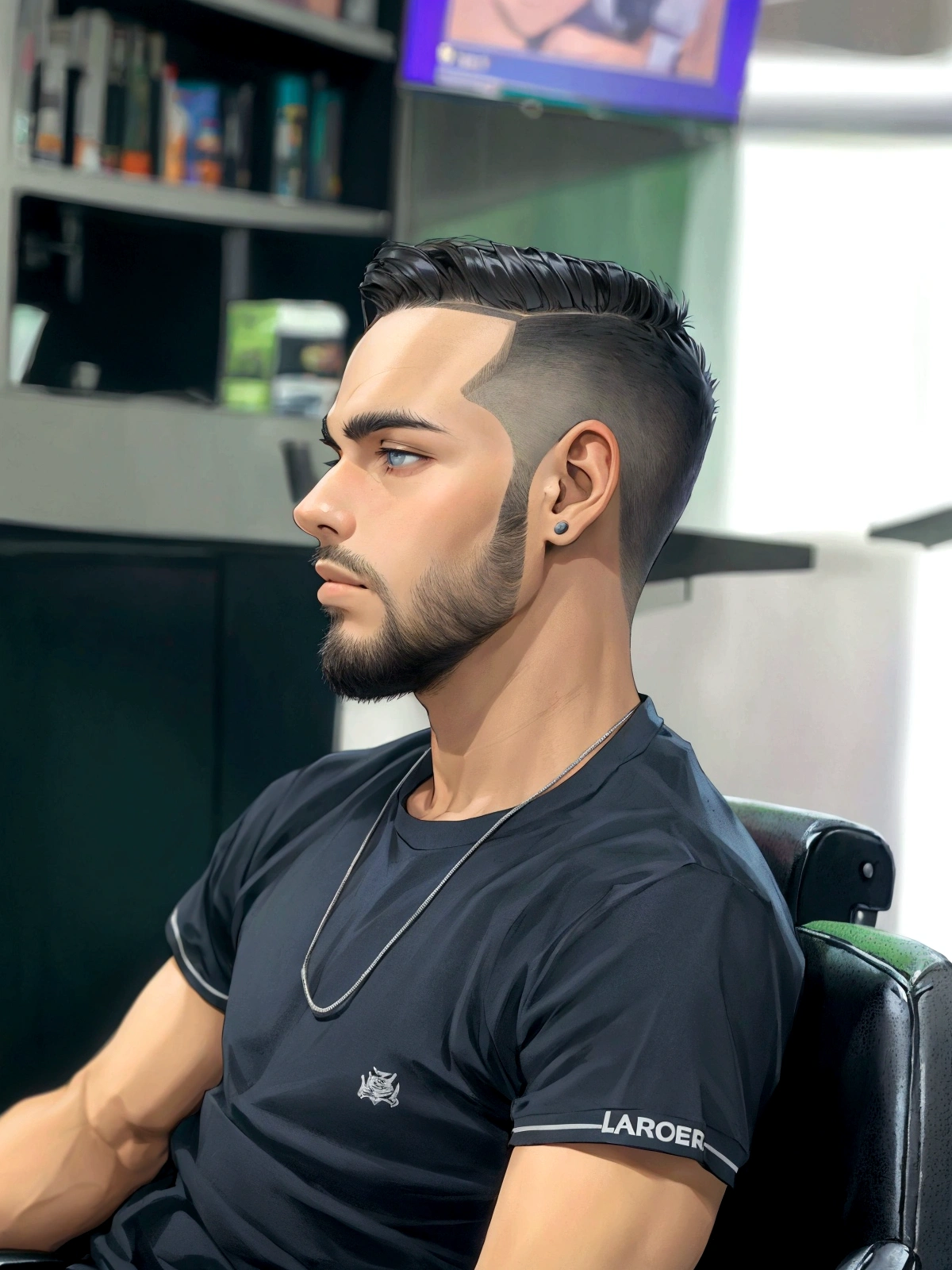 there is a man sitting in a chair with a laptop, one side haircut, modern haircut, shorth hair nas laterais da cabeça, short on sides, shorth hair no topo da cabeça, combover, cropped haircut, parted hair, tapered hairline, cut style, shorth hair, 3/4 profile, very short combed back