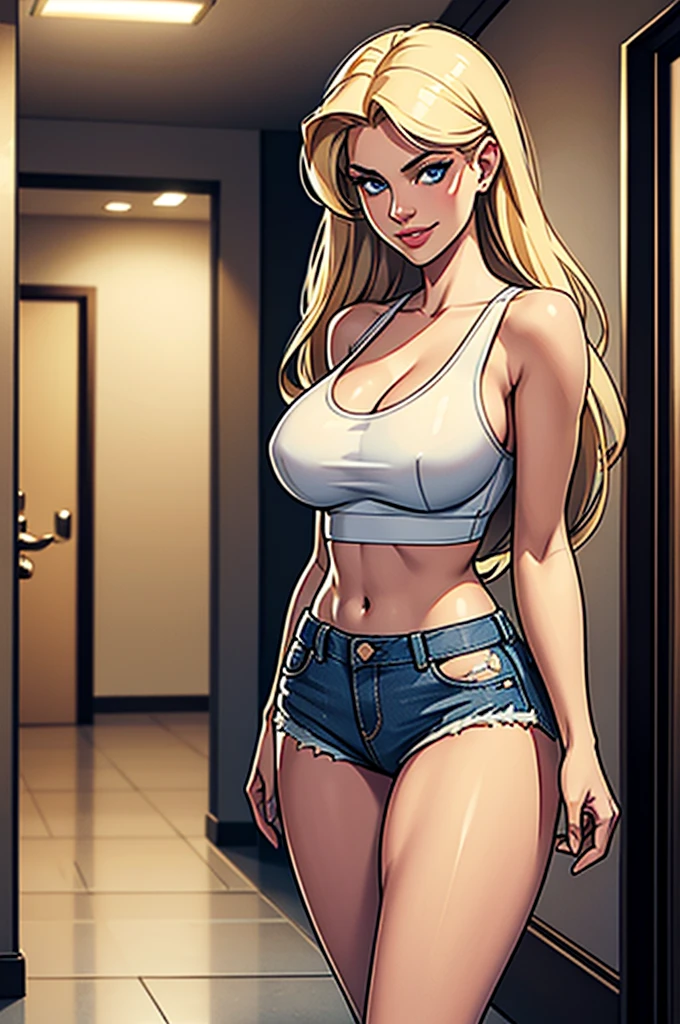 A beautiful busty blonde haired blue eyed woman resembling like Anna Nicole Smith, 21 years old, with extremely humongous tits, wearing white tank top, and ripped denim mini-short, smiling, seductive and walking through the corridors of the university, photorealistic, 8k, highly detailed, dramatic lighting, cinematic composition, elegant fashion, glamorous, intricate details, hyper realistic