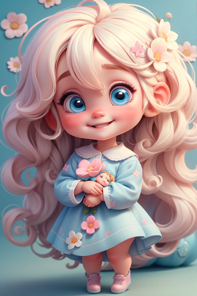 cute baby chibi girl blonde hair, flower in head, white and pink background, smiling happy, blue eyes, big eleyelash, rosy cheeks, blue shoes