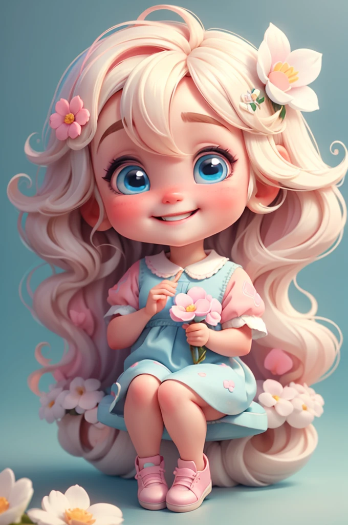 cute baby chibi girl blonde hair, flower in head, white and pink background, smiling happy, blue eyes, big eleyelash, rosy cheeks, blue shoes