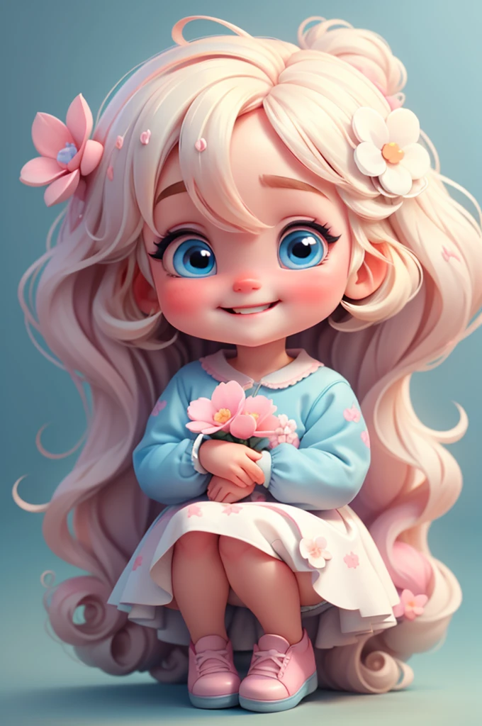 cute baby chibi girl blonde hair, flower in head, white and pink background, smiling happy, blue eyes, big eleyelash, rosy cheeks, blue shoes
