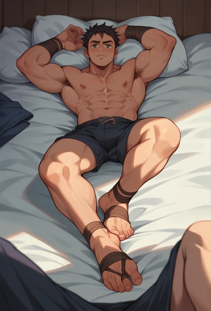 School boy showing feet A boy lying on his bed and wearing a pair of black gladiator sandals on his bed. Perspective near the feet