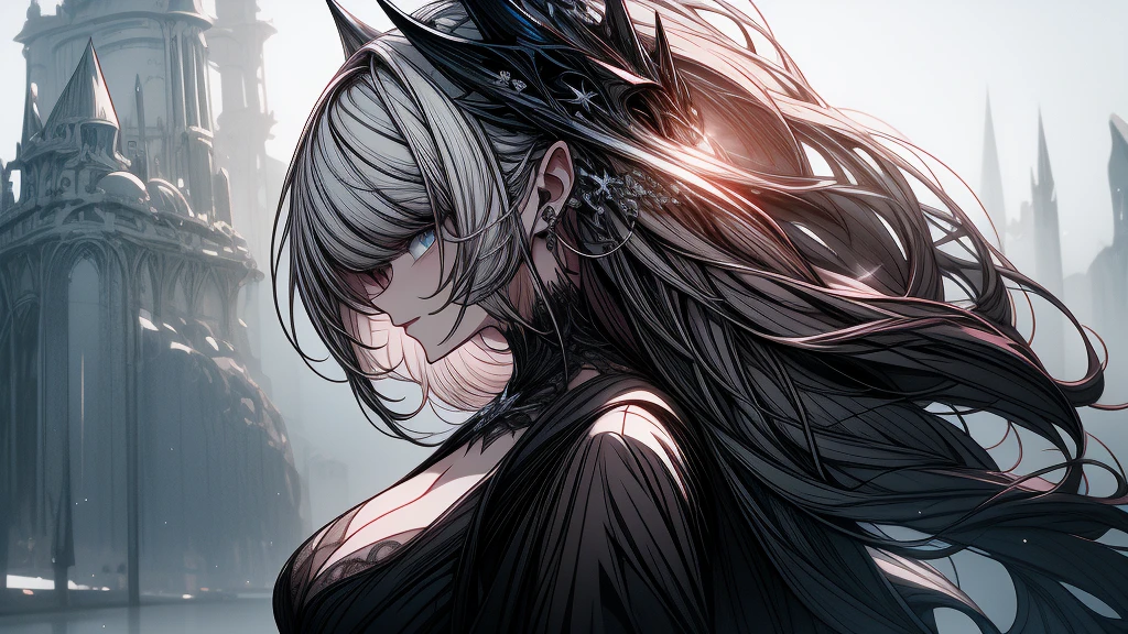 ((Masterpiece:1.4,Best Quality))+,(Hyperdetail)+,(Ultra detailed eyes)+,(pointy ears:1.5),
(cute girls),15 years,(Pink pupils.:1.15),(Pale pink long hair,long braid,thick hair:1.5),(Wariza:1.2),pale skin,seduce smile,black glass block,the dark lord'fe,vacant eyes,red crystal on the forehead.,dragon tail,half closed eye,black crown,
(She was wearing a shabby pink dress.,Grey dress,bone pattern,:1.5),(black bracelet:1.4)The sleeves are extra long.,black headdress with spikes,baiyun,white colossus,dream bubbles,black nailsred apple,lift your skirt,teardrop pattern,metal chains,white skeleton
(Demon Maiden:1.1),
(dawn light:1.2),
(thick black and white:1.16),(Depth of fields:1.4),complicated detailsmix of colors,Detailed route,Great,Super details,The content is very detailed.,(High contrast:1.11),wind,incredible cleavage,Beautiful eyes,messy hair,(better illuminate,Extremely delicately beautiful), ((movie light lighting)), (seen from the side:1.3),8k,Masterpiece,Best Quality,cinematographic still film,1 chubby girl,(Close-up cleavage:1.1),bright,Interesting,soft and smooth lighting,(bauhaus,form,line engineering,abstract:1.1)Official Art, unity wallpaper 8k, ultra-detailed, beautiful and beautiful, Masterpiece, Best Quality, (Dynamic Angle:1.4),Perfect NwsjMajic,(Masterpiece,premium,Best Quality,Official Art,Beauty:1.2),The content is very detailed.,rich color,higher details,