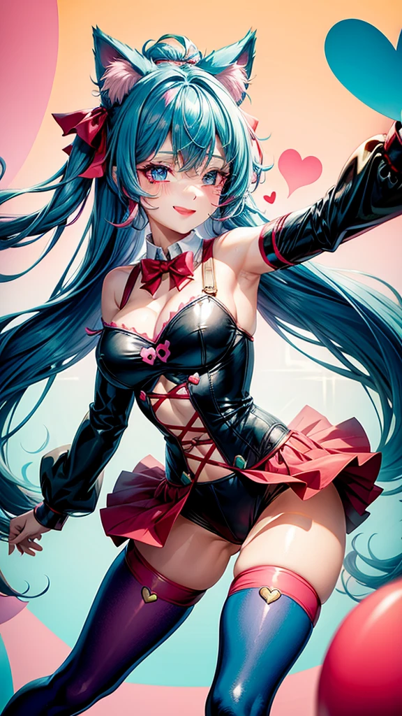 Red and blue hair, pink eyes, woman, teal blue gold clothes, hair bows, happy face, sexy, cat ears, hearts, floating hearts, thigh up, thigh high tights, long hair, smiling