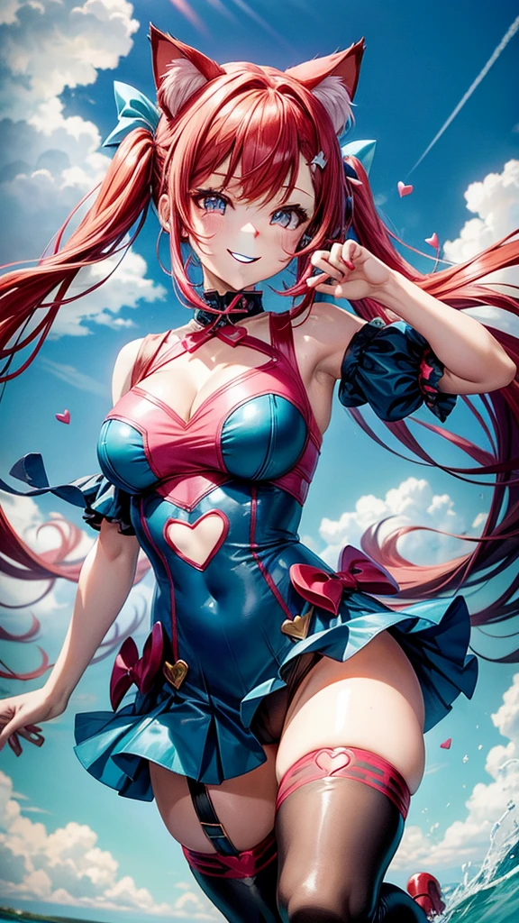 Red and blue hair, pink eyes, woman, teal blue gold clothes, hair bows, happy face, sexy, cat ears, hearts, floating hearts, thigh up, thigh high tights, long hair, smiling