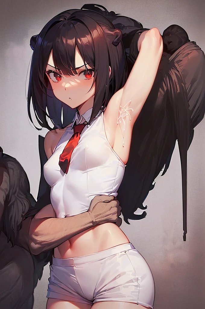 masterpiece, best quality,anime style, 1 girl,(((slender body))), (((small breast))),(((hot pants, white tanktop,red tie))),(((((a gorilla man grabbing the girl))))), ((((restrained, arms behind back)))),((((cum)))), (beautiful face), (((medium hair))), (((straight hair))), ((((black hair)))),detailed beautiful skin, (perfect hands, perfect anatomy)
