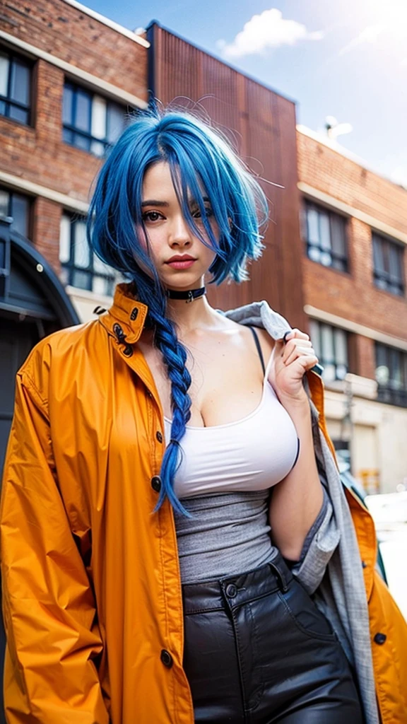 Cute girl with blue hair and orange jacket standing in front of a building, realistic