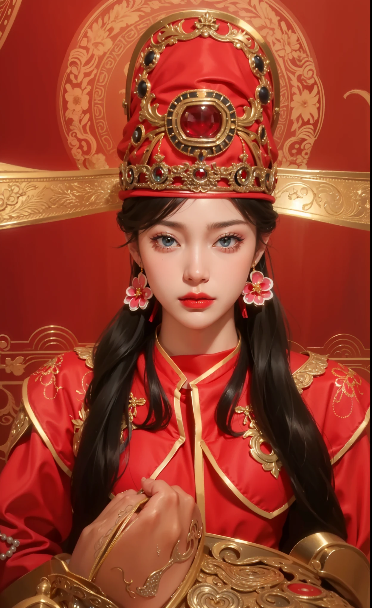 Realistic style，8K picture quality，Very detailed, Delicate face, Realistic style的照片, Stock Photography ,  rich and colorful, Surreal, Realistic textures, Dramatic Lighting, Distiller 800  (8K, original photo, Better quality, masterpiece: 1.2), Very detailed, (Extremely delicate skin: 1.2), 8K Ultra HD, SLR camera, Soft Light, high quality， 冰冻Queen, Queen, snow castle，Blue pupils，Apply red lipstick，Very delicate tattoo design，Jewelry，