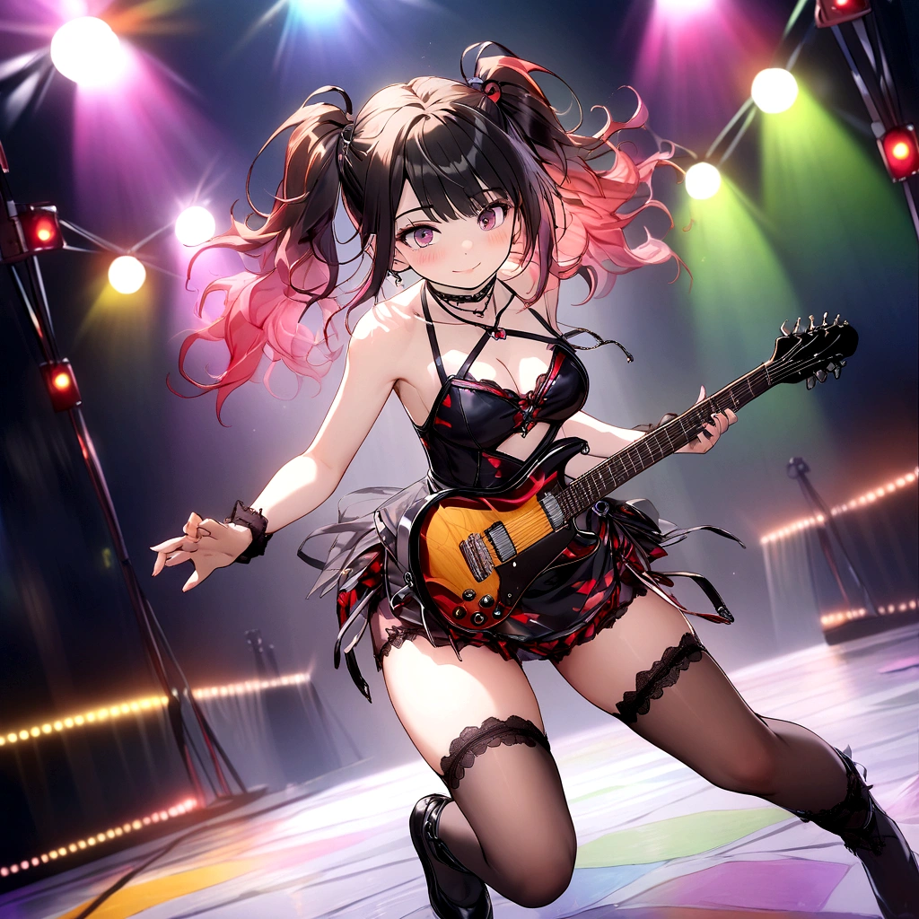 (One girl),Gothic,Twin tails,Gray Hair, Organza Lace,Gorgeous and elaborate clothes,Gothic, Electric guitar, flight, green, (colorful), Bold, Gradient Blend, Motion Blur, Sparkling Texture, Dynamic configuration, Atmospheric perspective, Impressionist, , (masterpiece), (Highest quality), wonderful, (Beautiful attention to detail), (In detail), Depth of written boundary, Highly detailed CG, original, Highly detailed wallpaper, (Vibrant colors), Cinema Lighting,  (colorful), blush,