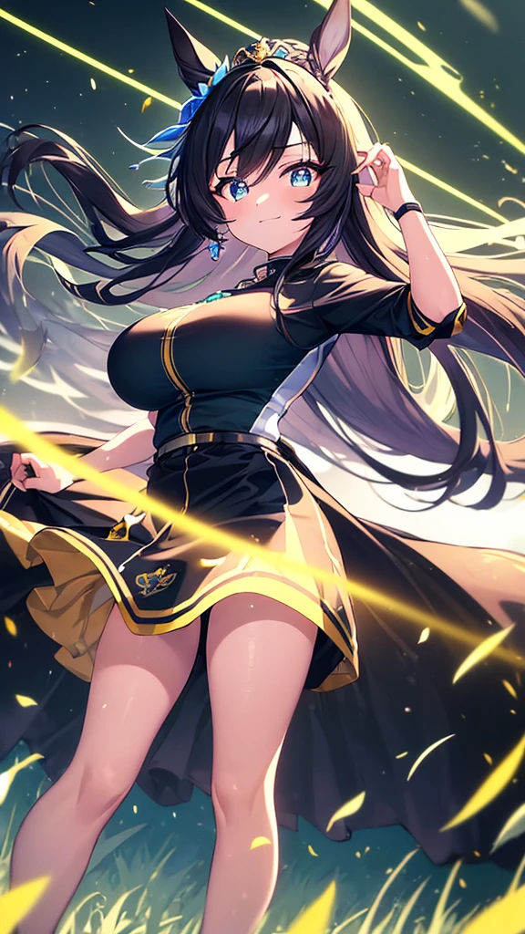 best quality, extremely detailed, anime style adult 1girl, long hair down to the waist, straight hair, ((dark black hair with bluish)),crown braid,beautiful detailed eyes, pinched eyes, dark blue eyes, huge breasts,curvy,((((human ear)))),(((princess motif jockey's racing uniform))),longskirt,((feather and colorful accessory)),((foppery shoes)),((((light smile)))),((((grassland)))),dash,animation cap,animated gif,((in umamusume style))
