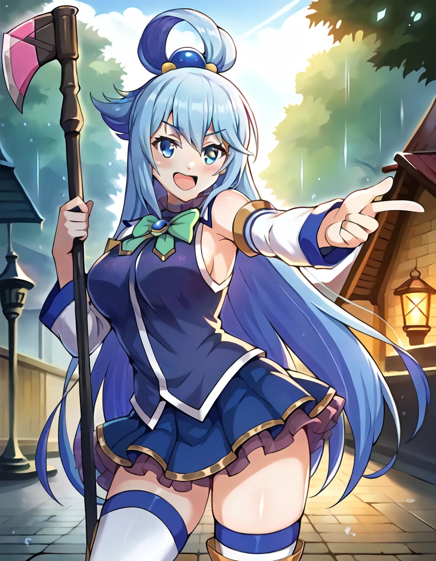 core_9, score_8_up, score_7_up, score_6_up, BREAK source_anime,aqua /(konosuba/), long hair, blue eyes, hair ornament, very long hair, blue hair, hair rings, single hair ring, blue skirt, blue shirt, thighhighs, bare shoulders, detached sleeves, white thighhighs, green bow, blue boots BREAK 1girl, dancing in the rain, detailed eyes, happy, anime screencap, cowboy shot, on the outskirts of Axel, raining