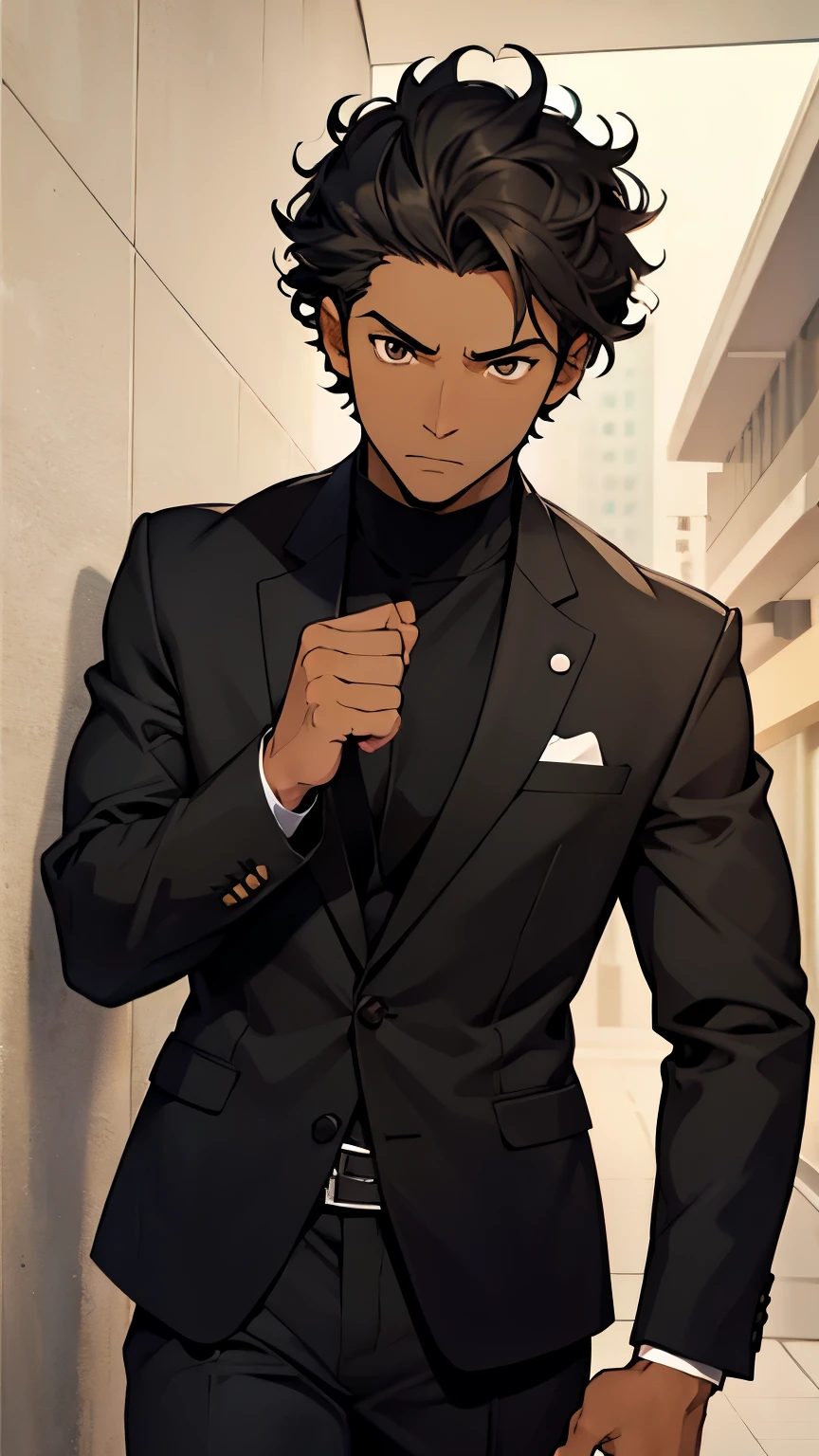 Anime styles, black man with brown eyes, slim, gray suit, thoughtful expression, short curly black hair, hotel wall background, pointing at something on the horizon