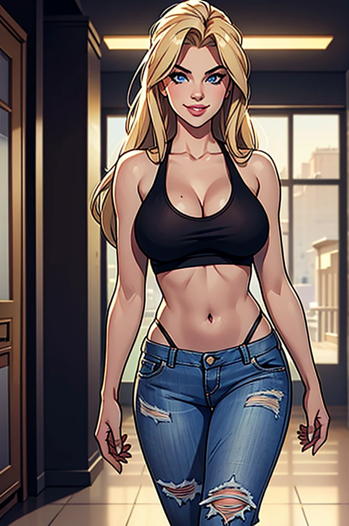 A beautiful busty blonde haired blue eyed woman resembling like Anna Nicole Smith, 21 years old, with extremely humongous tits, wearing black tank top, and ripped denim mini-short, smiling, seductive and walking through the corridors of the university, photorealistic, 8k, highly detailed, dramatic lighting, cinematic composition, elegant fashion, glamorous, intricate details, hyper realistic