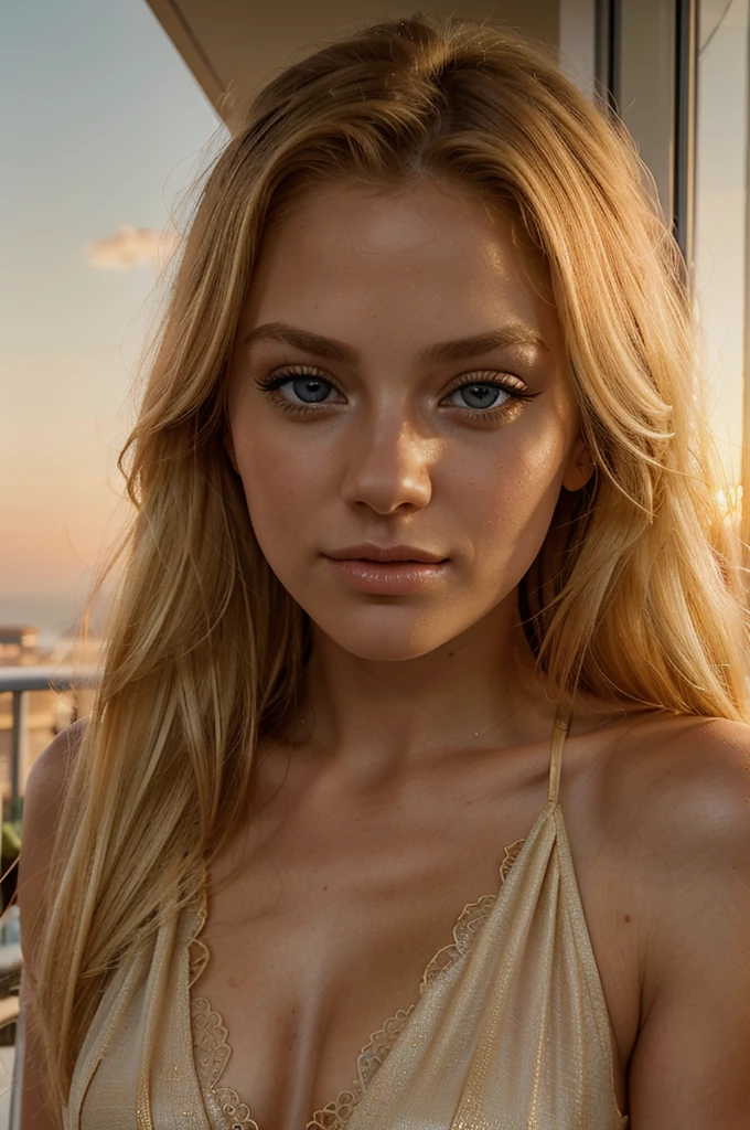 a beautiful blonde woman, sunset, beautiful golden blonde hair, detailed eyes, beautiful detailed lips, extremely detailed face, long eyelashes, beautiful detailed portrait, sunset in a balcony, golden hour, photorealistic, highly detailed, cinematic lighting, warm color tones, glowing skin, soft focus, dreamy atmosphere, elegant, serene, tranquil, vibrant colors