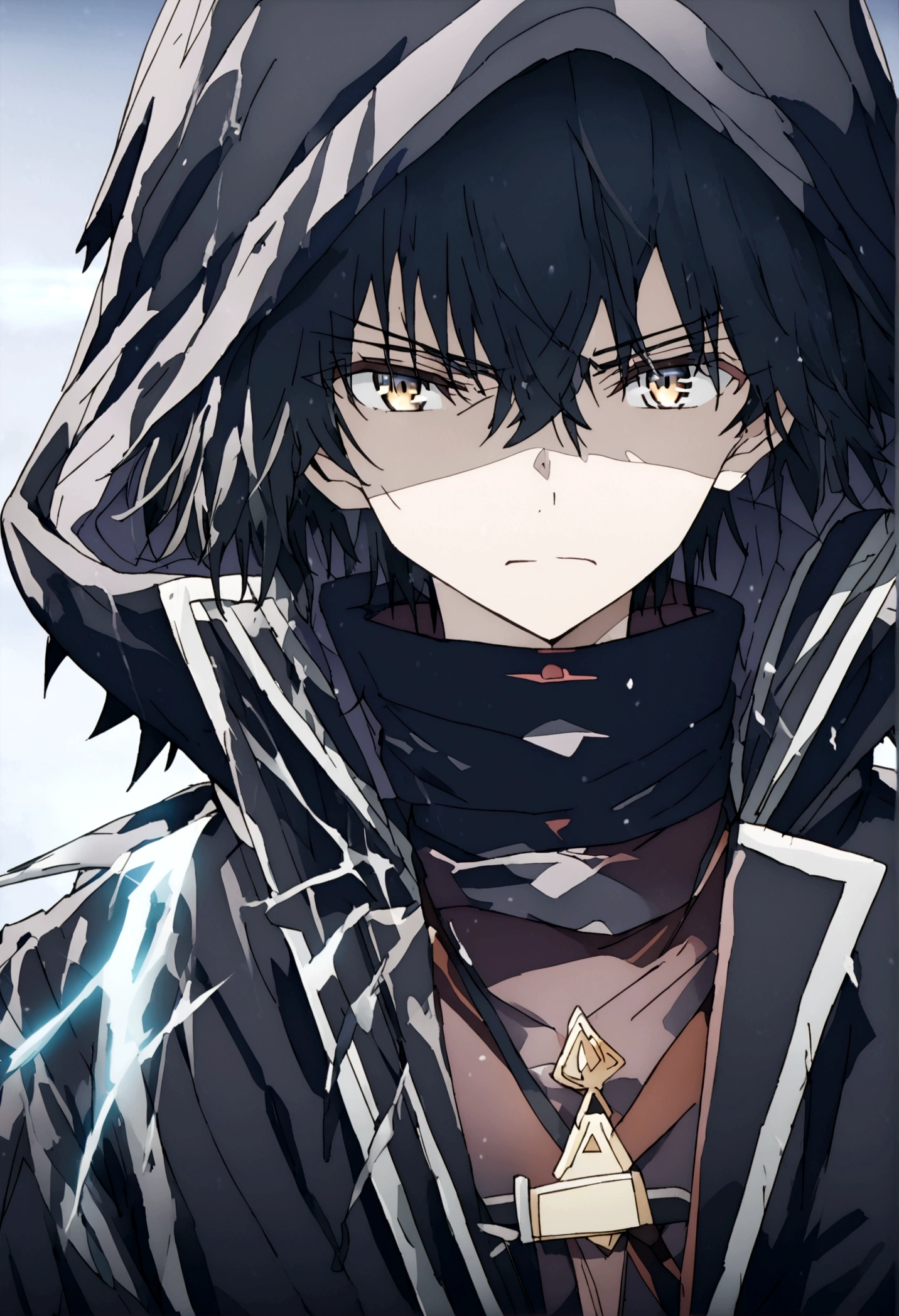 Anime male, black hair, black clothing, tired face expression, best quality, wise, cold-hearted, cool, solo, black fluffy hood on, black cloak, black bandages used to cover right eye, left eye color is white and is glowing, determined eyes, 