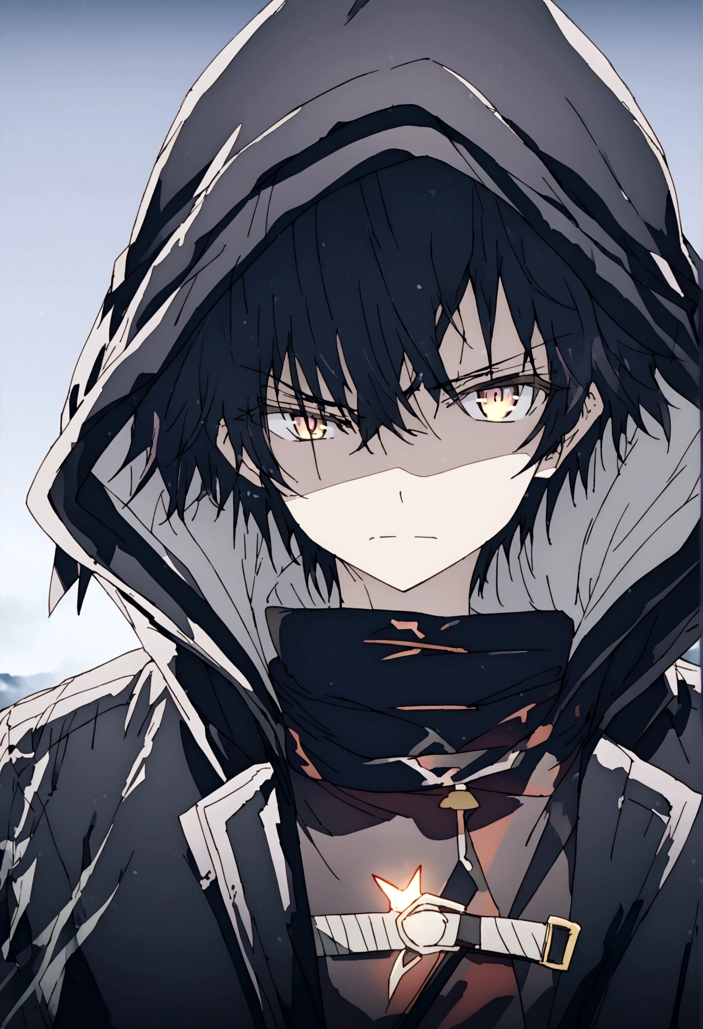 Anime male, black hair, black clothing, tired face expression, best quality, wise, cold-hearted, cool, solo, black fluffy hood on, black cloak, black bandages used to cover right eye, left eye color is white and is glowing, determined eyes, 