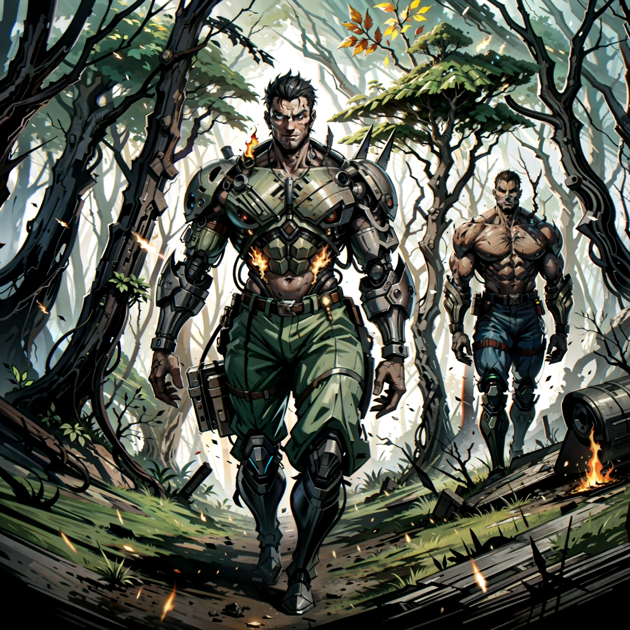 Image of a cyborg man with a very muscular body, showing cybernetic-style muscular arms, italian man face, wearing only American army pants, looking at the camera walking forward, in a thicket in the forest of Vietnam, several burning trees, several shadows of little burning people.