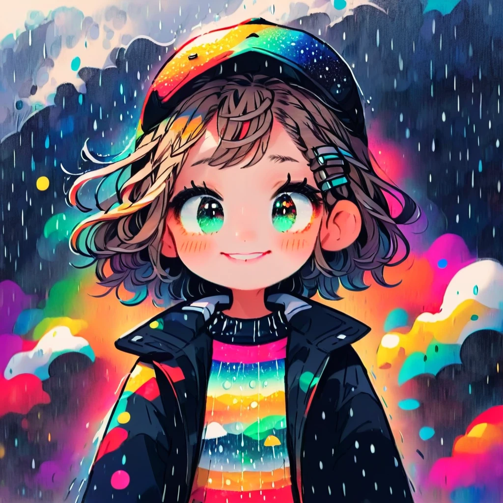 A smiling girl dancing in the rain, zentangle art, beautiful detailed eyes, beautiful detailed lips, extremely detailed eyes and face, long eyelashes, portrait, dynamic pose, wet clothes, rain drops, colorful umbrella, whimsical, atmospheric lighting, vibrant colors, detailed background, fantasy, magical realism, photorealistic, 8K, highest quality, masterpiece