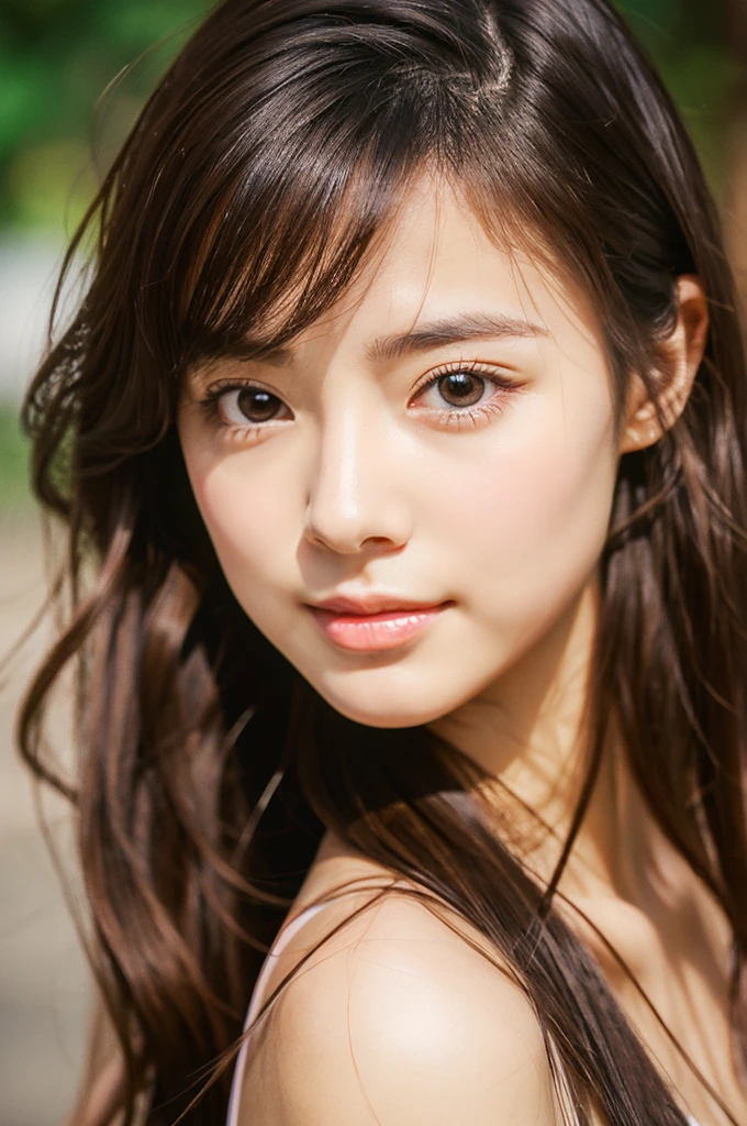 1girl in, very disheveled hair, |A darK-haired、Very beautiful long shiny hair、Very beautiful cute face、Lustrous and radiant beautiful skin、solo、ultra-quality、Hard Focus、film grains、超A high resolution、masterpiece、Lovely detailed clear brown eyes that shine Asian Beauties