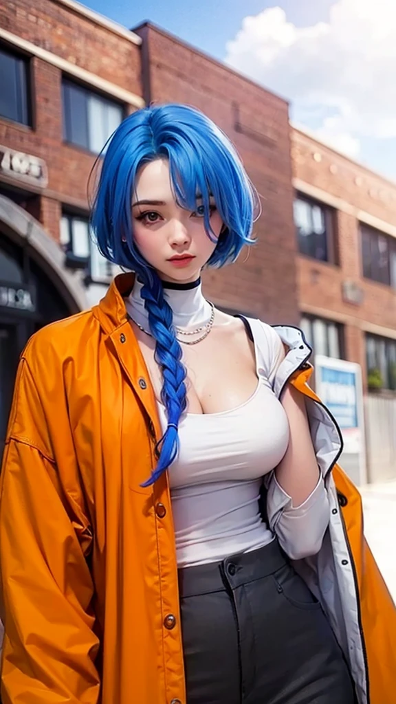 Cute girl with blue hair and orange jacket standing in front of a building, realistic