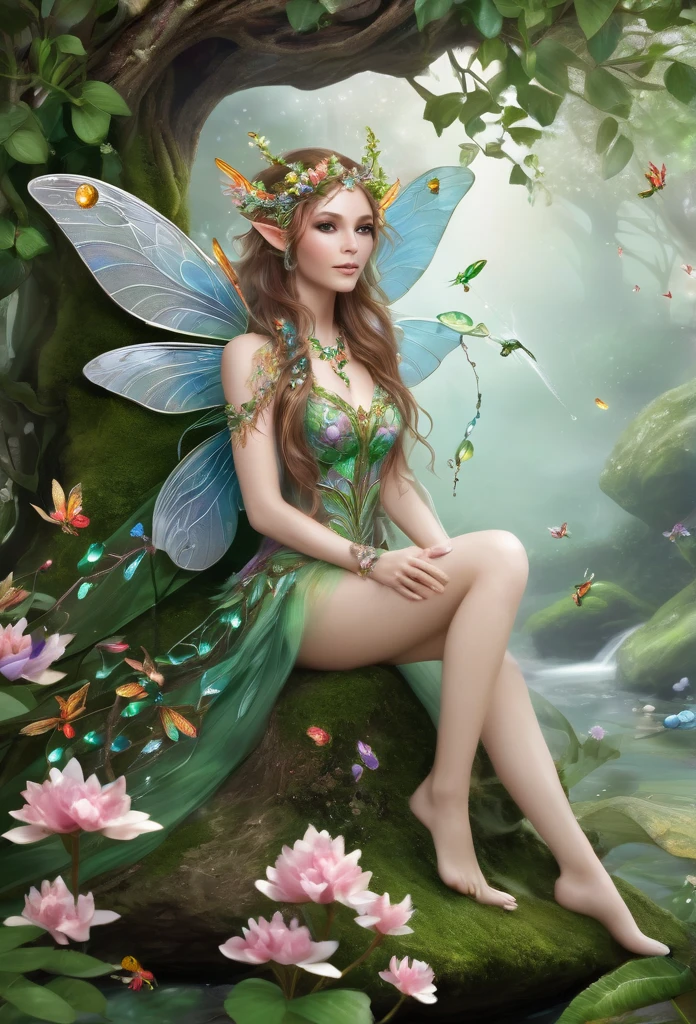faerie,(fully body),elf ears,dragonfly wings, sensually sitting under a tree(( decorated with precious stones)),hair decorated with flowers, Branches and Leaves,around a scene of magic,with flowers,a bit of mist(high qualiy),(refined details),(work of art)