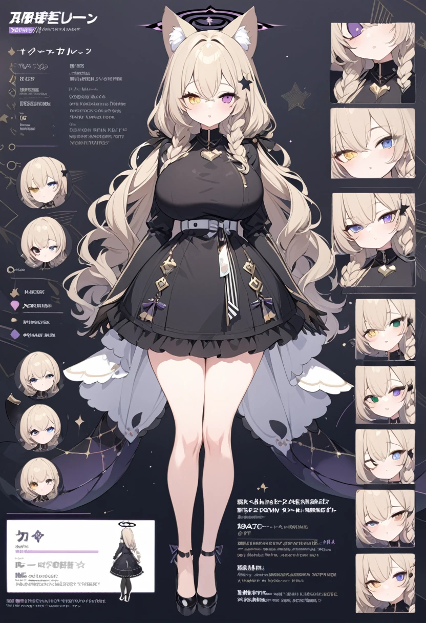 1 tall girl, Dark blonde long hair, slim build, wavy hair with knee length curls, small face, sectoral heterochromia (a gray cat eye and a purple cat eye), star ribbon on the right side of the hair, She has a short double braid on the left and right side of her head..... , extremely detailed face, Beautiful detailed eyes, beautiful detailed lips. short height 180cm, adorable, extremely detailed legs, (Best Quality, 4k, 8k, high resolution, Masterpiece: 1.2), ultra detailed, Exquisite and epic character art..., Amazing modern character trending theme..., character design (Character Reference Sheet: 1.10, Full body front and rear angle..), Black long stockings with elegant striped design..., Black platform heels, One Piece Long Ruffle Dress., black shoulder length gloves with gold star patterns, light gray belt over the dress, black necklace with heart emblem on the neck. Serval ears on the head..., It has a succubus tail that ends in a star shape..... Wide hips. Wears a black halo with purple star patterns.. big breast size