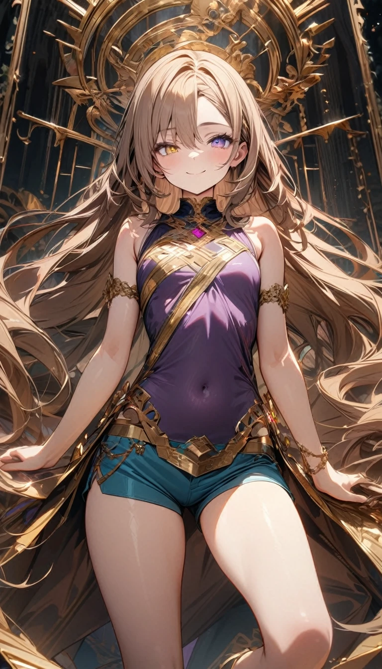 Young girl, very long brown hair, heterohromia, left eye purple, right eye gold, multi-colored eyes, smile, tight purple top, golden elements, sleeveless, open belly, turquoise short shorts, Masterpiece, best quality, Full HD, 8k, ultra details, great graphic