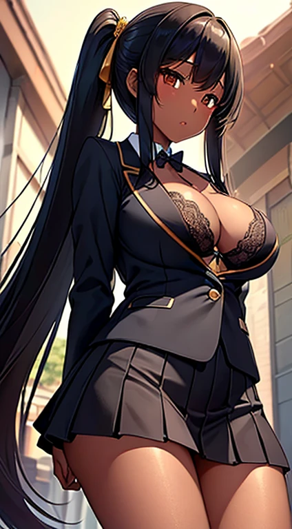 (((Accentuate your cleavage)))、Uniform Blazer、Beautiful beauty、Long golden hair、((whole body))、(((Photo taken from below)))、school gate、Big Breastini skirt、Panties are black lace、Japanese、tall、Long limbs、Twin tail hairstyle、Black gal(Dark Skin:1.2)