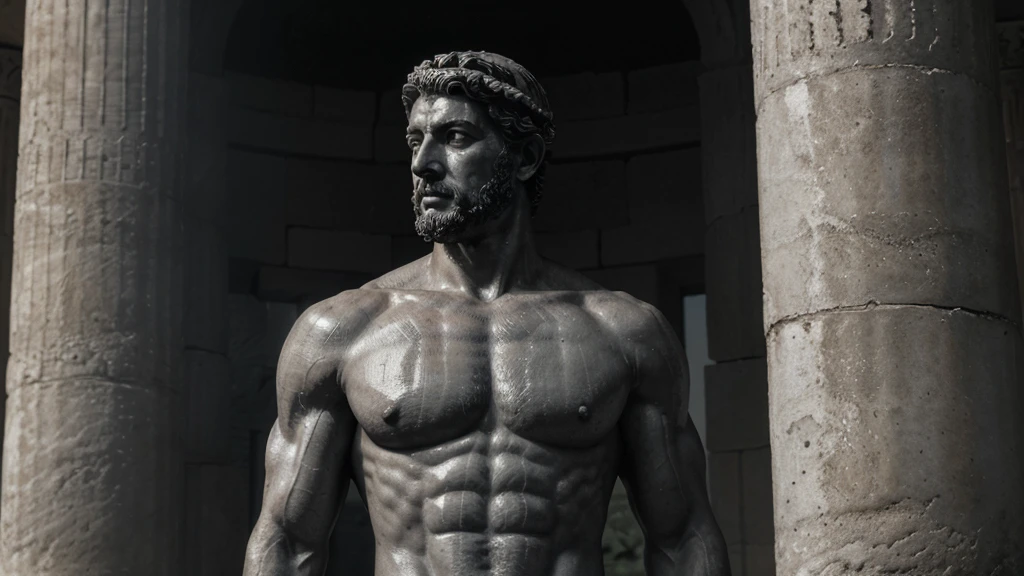 a portrait statue of the stoic Marcus Aurelius in black and white 4K, Super realistic ANCIENT GREEK RUINS, fully body, corpo stark, brawny, stark, wearing no shirt, tronco stark, stark, wearing no shirt, strong arms, 8K, ultra realisitic, cinematographic
