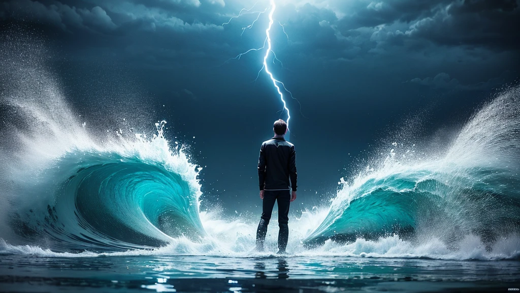 create an image of a person on their back and alone with one hand in the water and the other raised upwards in a rough sea at night, with just a reflection of lightning to illuminate the scene.