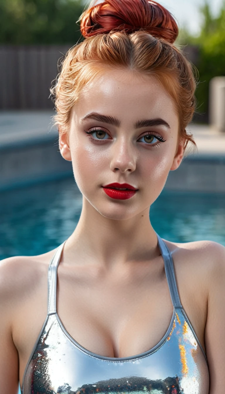 ultrarealistic high quality fullbody photo of a beautiful busty slim european teen girl with cute hyperdetailed shy face and natural redhead short messy bun and mischievous face, realistic round hazel eyes, red lips, dark eye makeup with eyeliner, wearing highcut shiny metallic silver foil swimsuit, hourglass body, outdoor shooting on a pool