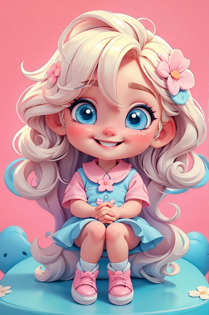 cute baby chibi girl blonde hair, flower in head, white and pink background, smiling happy, blue eyes, big eleyelash, rosy cheeks, blue shoes