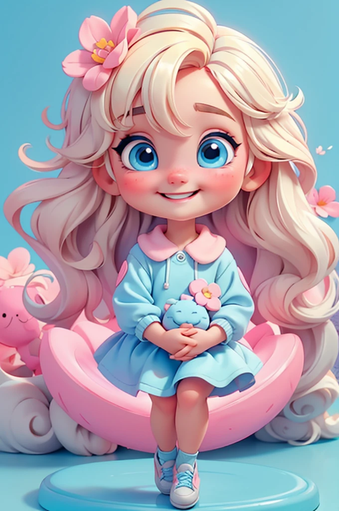 cute baby chibi girl blonde hair, flower in head, white and pink background, smiling happy, blue eyes, big eleyelash, rosy cheeks, blue shoes
